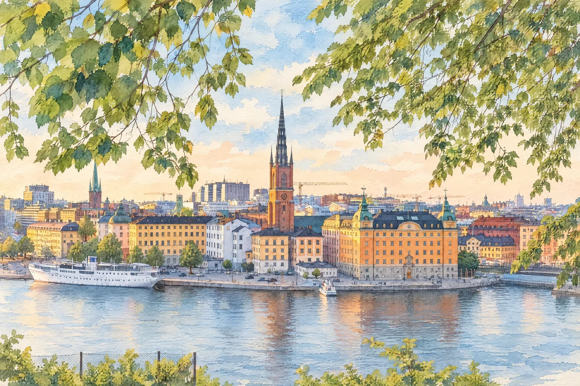 Riddarholmen och Riddarholmskyrkan sedda över vattnet en sommarkväll, i akvarell.