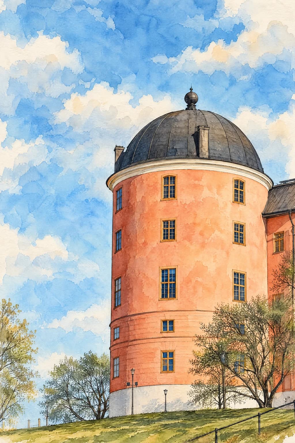 Akvarell av Uppsala slotts torn mot en blå vårhimmel.