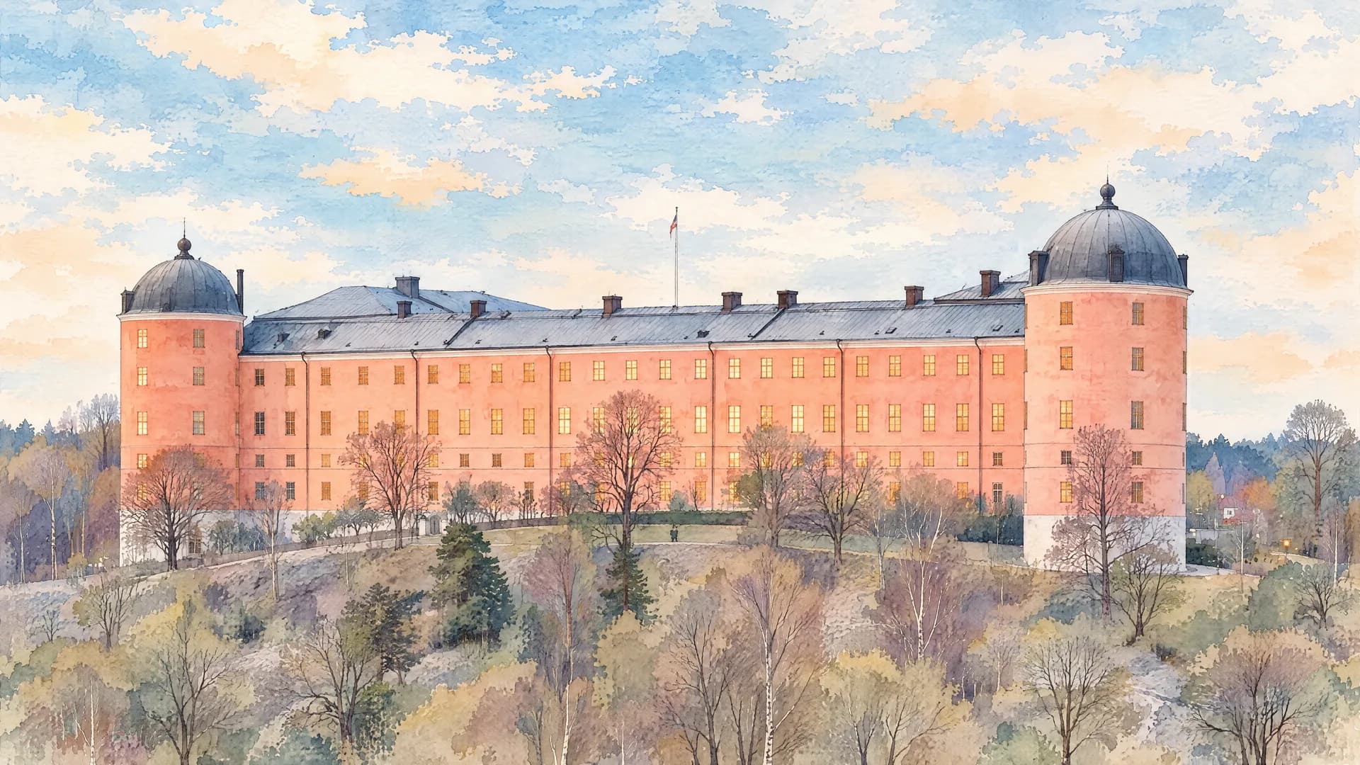 Uppsala slott i akvarell, sett från Slottsbacken en vårkväll.