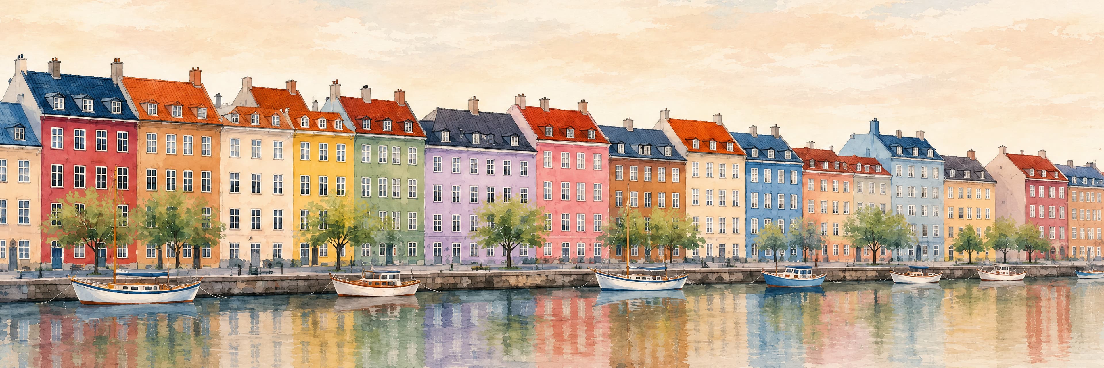 Akvarell av färgglada svenska hus längs en kaj, med grannar, träd och båtar.