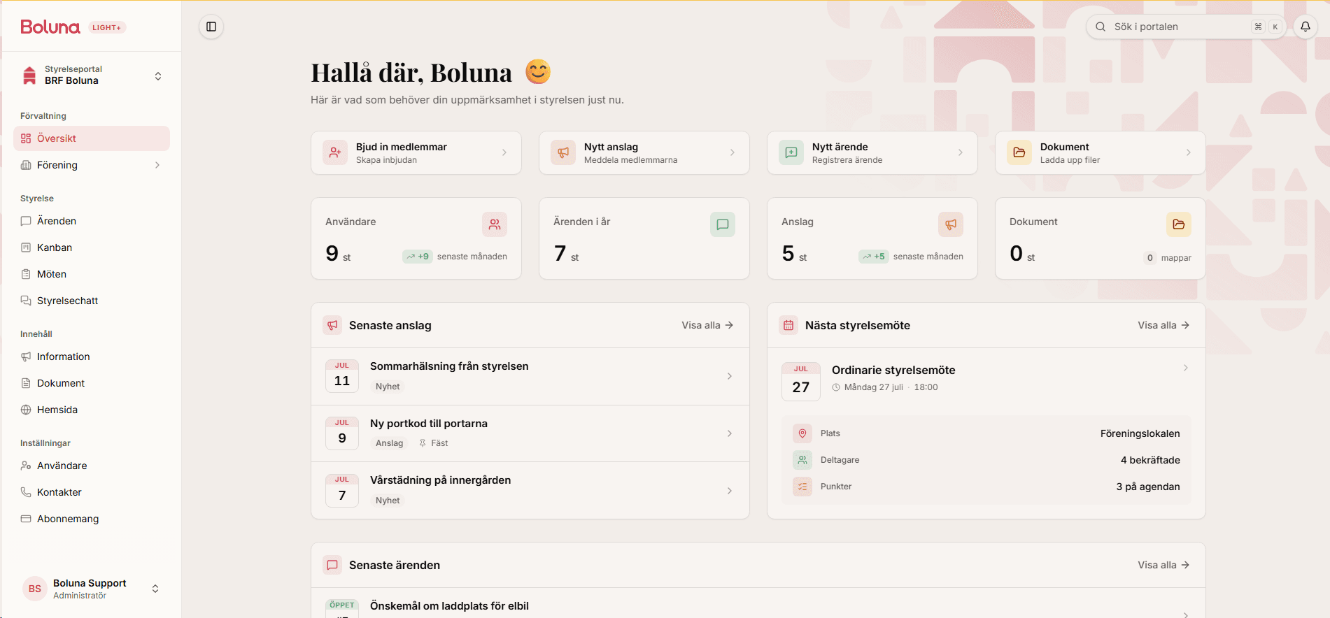 Boluna Light styrelseportal – översikt