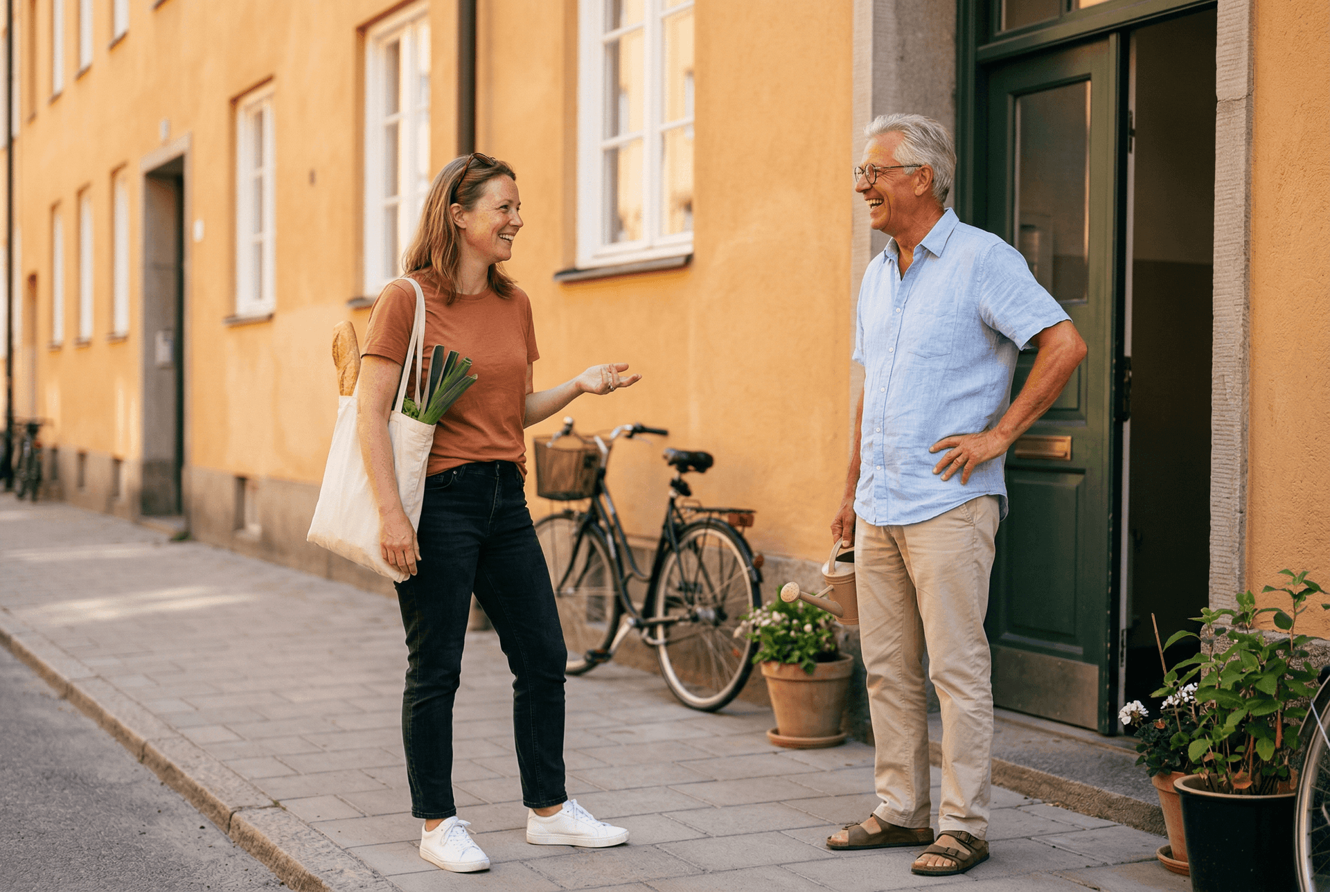 Grannar pratar utanför bostadshus